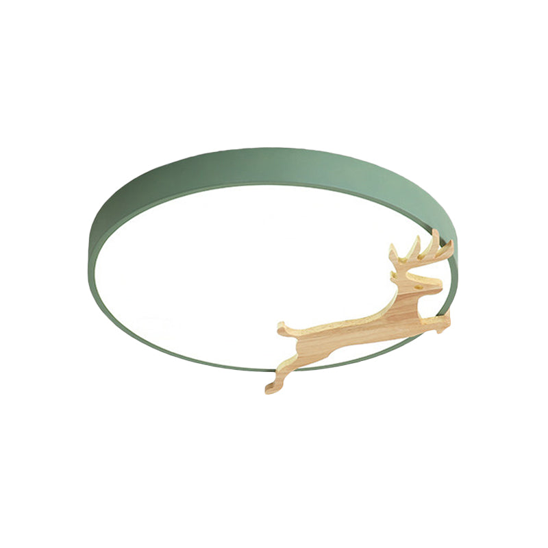 Nordic Style Round Flush Light with Running Deer Pattern - Acrylic, Grey/White/Green & Wood LED Ceiling Lamp