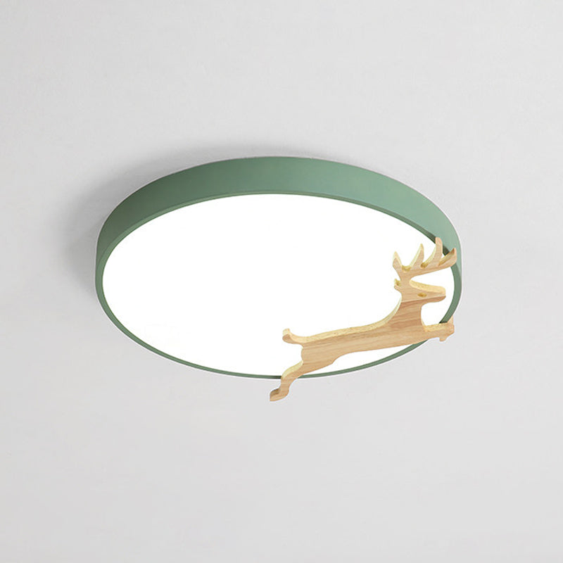 Nordic Style Round Flush Light with Running Deer Pattern - Acrylic, Grey/White/Green & Wood LED Ceiling Lamp