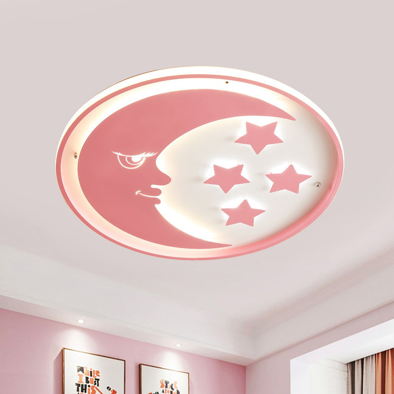 Cartoon Moon and Star LED Flush Lighting for Bedrooms in White/Pink/Blue