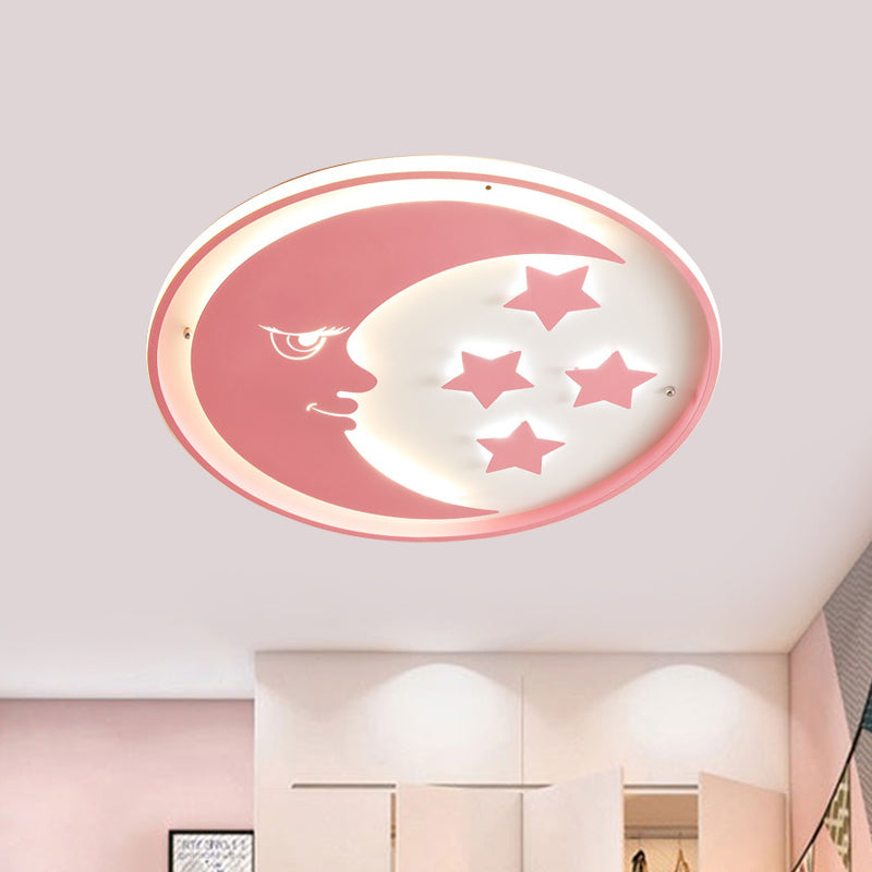Cartoon Moon and Star LED Flush Lighting for Bedrooms in White/Pink/Blue