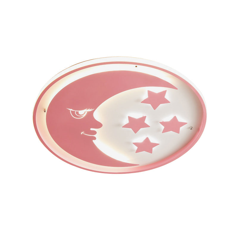 Cartoon Moon and Star LED Flush Lighting for Bedrooms in White/Pink/Blue