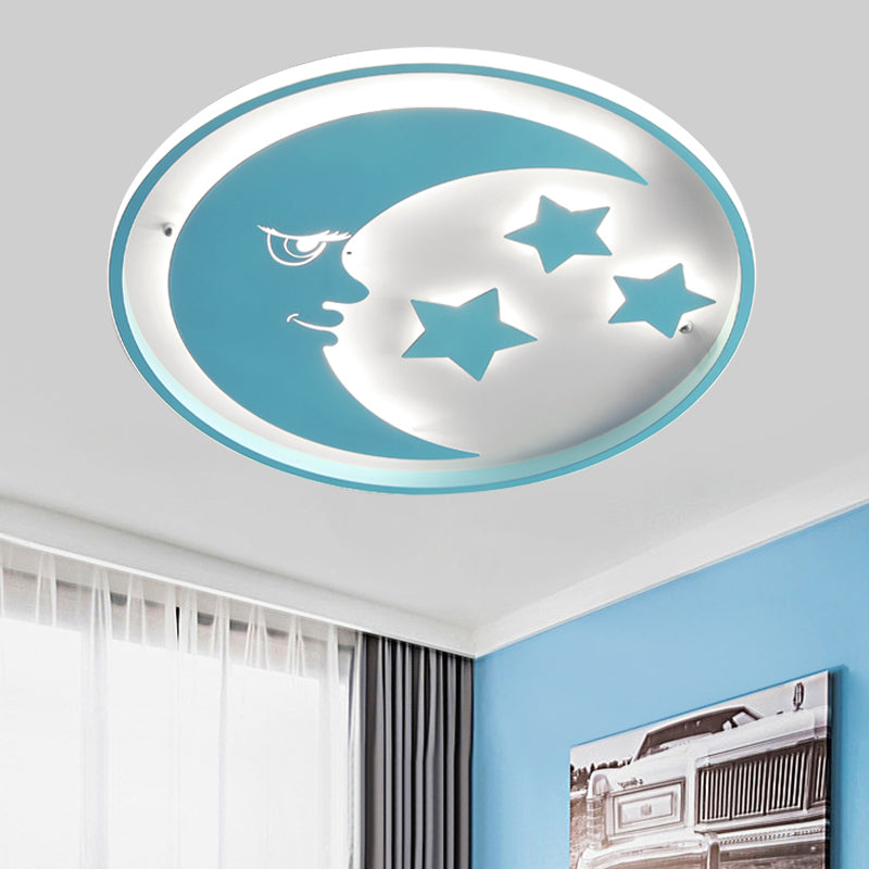 Cartoon Moon and Star LED Flush Lighting for Bedrooms in White/Pink/Blue