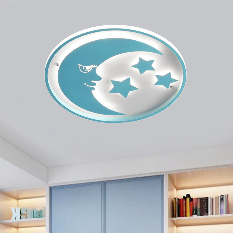 Cartoon Moon and Star LED Flush Lighting for Bedrooms in White/Pink/Blue