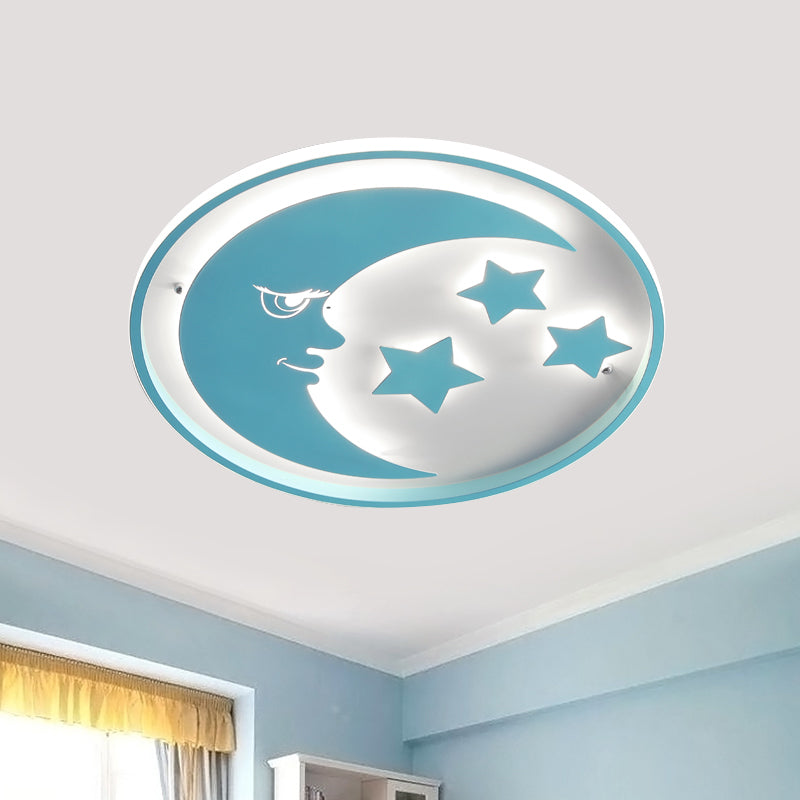 Cartoon Moon and Star LED Flush Lighting for Bedrooms in White/Pink/Blue