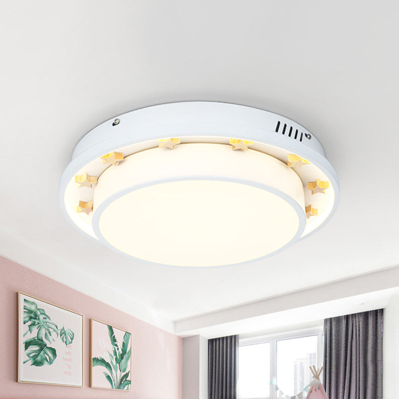 White LED Flush Mount Lamp with Modern Metallic Finish & Wooden Star Deco