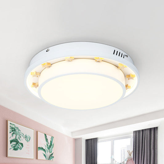 White LED Flush Mount Lamp with Modern Metallic Finish & Wooden Star Deco