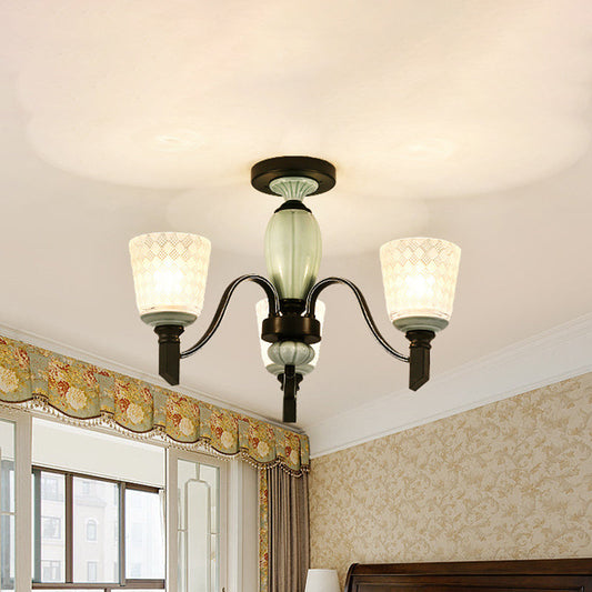 Antique Frosted Glass Conical Dining Room Semi Flush Ceiling Mount Light with 3/6 Bulbs - Black