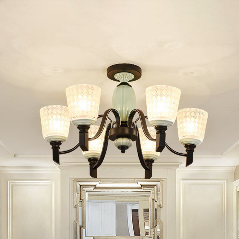 Antique Frosted Glass Conical Dining Room Semi Flush Ceiling Mount Light with 3/6 Bulbs - Black