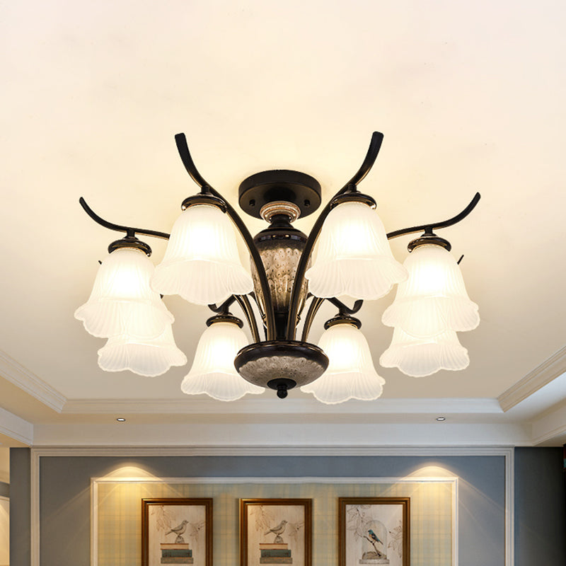 Vintage Flower White Glass Ceiling Lamp With 3/6/8 Lights For Dining Room - Semi Flush Mount In