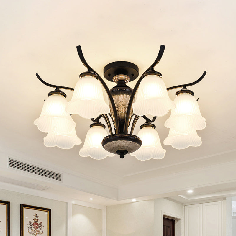 Vintage Flower White Glass Ceiling Lamp With 3/6/8 Lights For Dining Room - Semi Flush Mount In