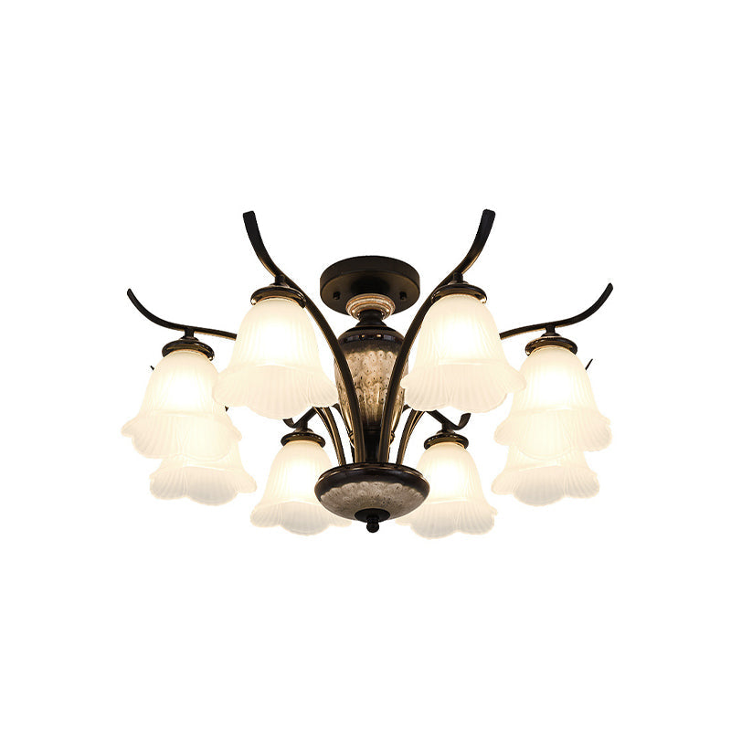 Vintage Flower-White Glass Ceiling Lamp with Semi-Flush Mount: Ideal for Dining Rooms, Available in 3/6/8 Lights, Black Finish
