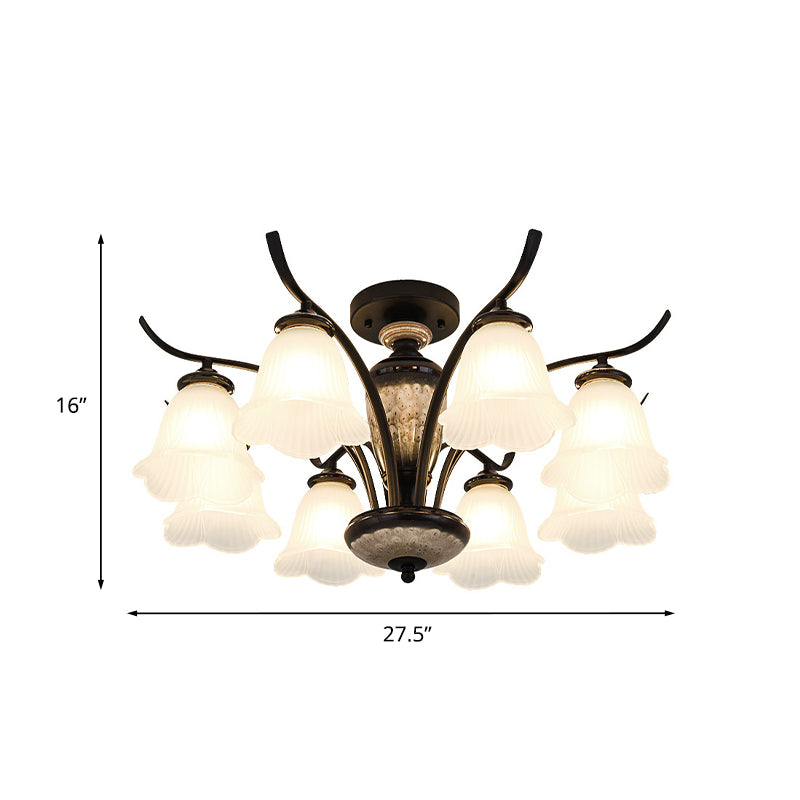 Vintage Flower White Glass Ceiling Lamp With 3/6/8 Lights For Dining Room - Semi Flush Mount In