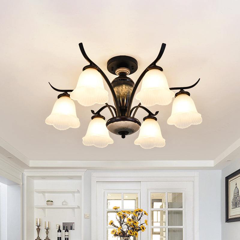 Vintage Flower-White Glass Ceiling Lamp with Semi-Flush Mount: Ideal for Dining Rooms, Available in 3/6/8 Lights, Black Finish