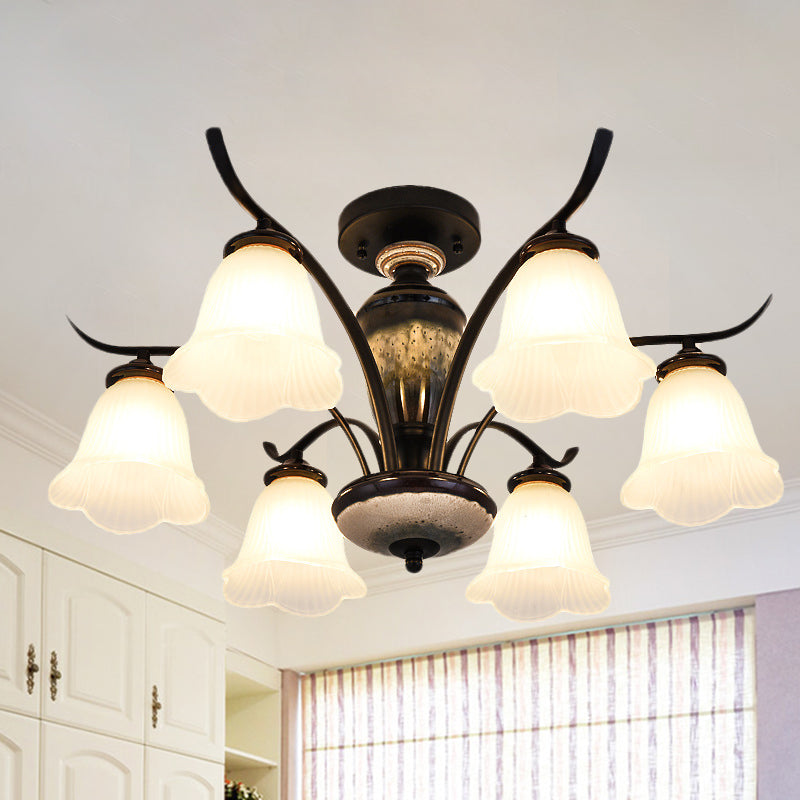 Vintage Flower White Glass Ceiling Lamp With 3/6/8 Lights For Dining Room - Semi Flush Mount In
