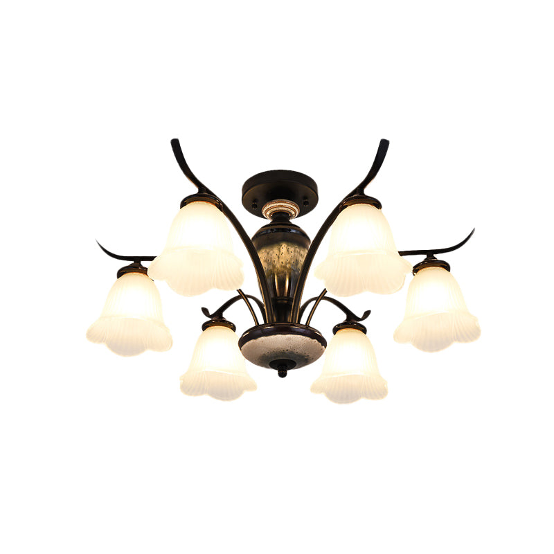 Vintage Flower White Glass Ceiling Lamp With 3/6/8 Lights For Dining Room - Semi Flush Mount In