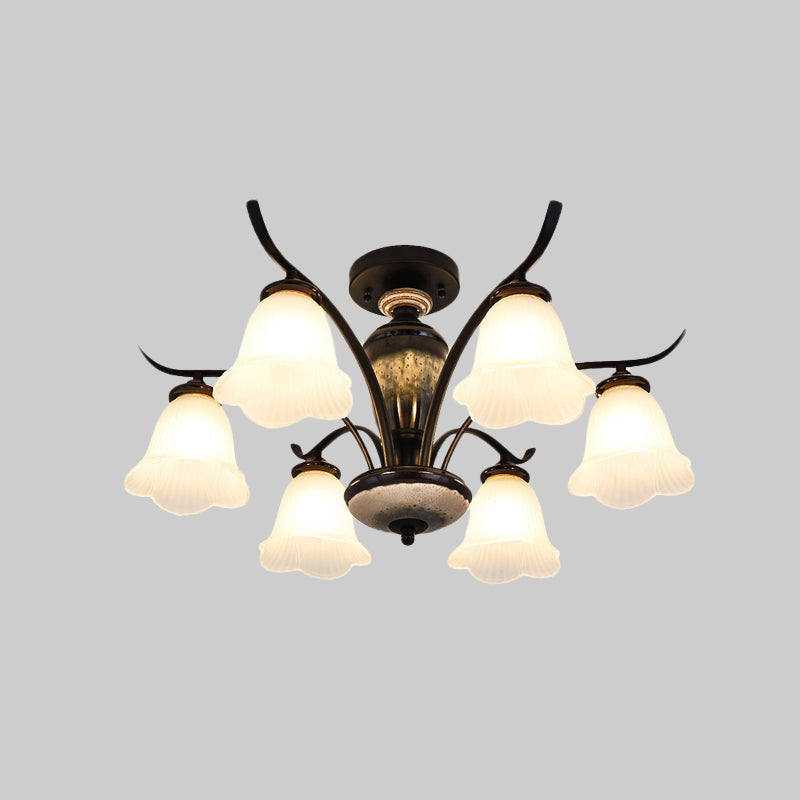 Vintage Flower-White Glass Ceiling Lamp with Semi-Flush Mount: Ideal for Dining Rooms, Available in 3/6/8 Lights, Black Finish