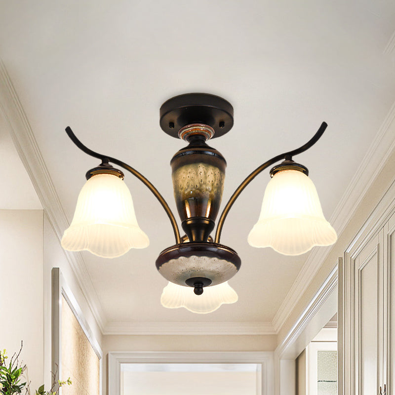 Vintage Flower-White Glass Ceiling Lamp with Semi-Flush Mount: Ideal for Dining Rooms, Available in 3/6/8 Lights, Black Finish