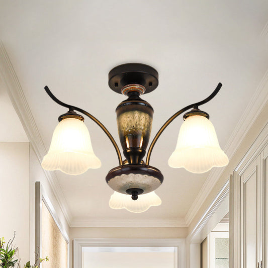 Vintage Flower-White Glass Ceiling Lamp with Semi-Flush Mount: Ideal for Dining Rooms, Available in 3/6/8 Lights, Black Finish