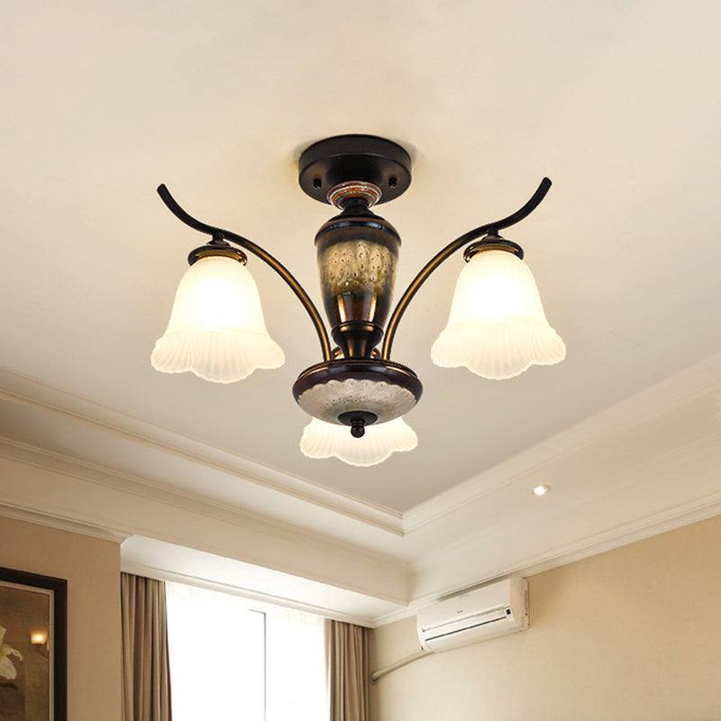 Vintage Flower White Glass Ceiling Lamp With 3/6/8 Lights For Dining Room - Semi Flush Mount In