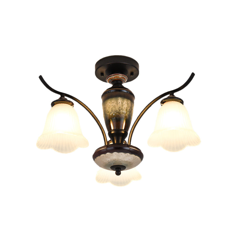 Vintage Flower White Glass Ceiling Lamp With 3/6/8 Lights For Dining Room - Semi Flush Mount In