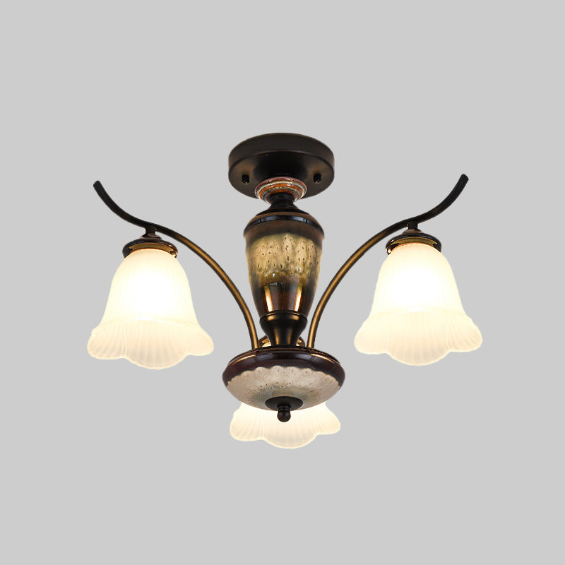 Vintage Flower White Glass Ceiling Lamp With 3/6/8 Lights For Dining Room - Semi Flush Mount In