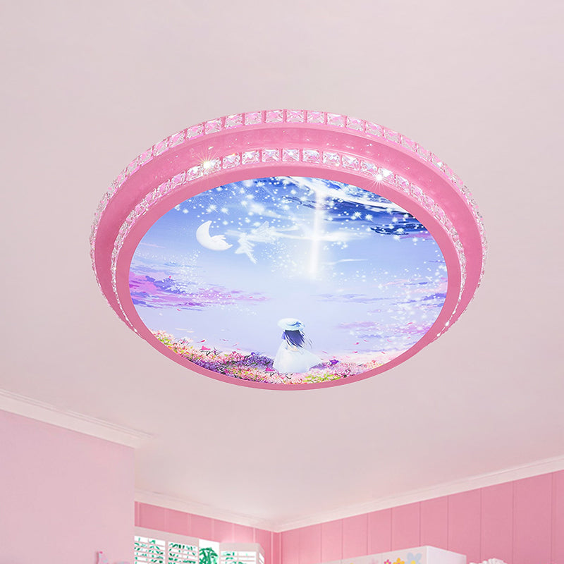 Modern Pink LED Ceiling Flush Light with Crystal Trim - Night Sky Pattern