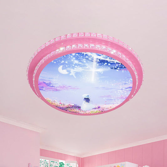 Modern Pink LED Ceiling Flush Light with Crystal Trim - Night Sky Pattern