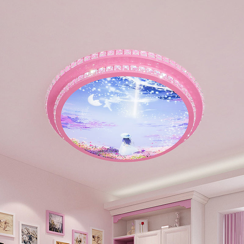 Modern Pink LED Ceiling Flush Light with Crystal Trim - Night Sky Pattern