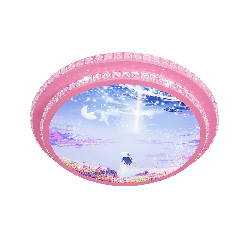 Modern Pink LED Ceiling Flush Light with Crystal Trim - Night Sky Pattern