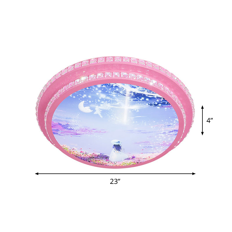 Modern Pink LED Ceiling Flush Light with Crystal Trim - Night Sky Pattern