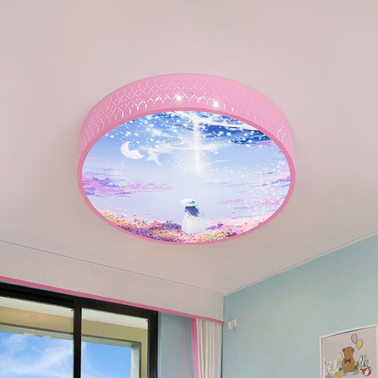 LED Flush-Mount Ceiling Light: Pink Girl Under Starry Sky Design with Acrylic Shade and Laser Cut Sides