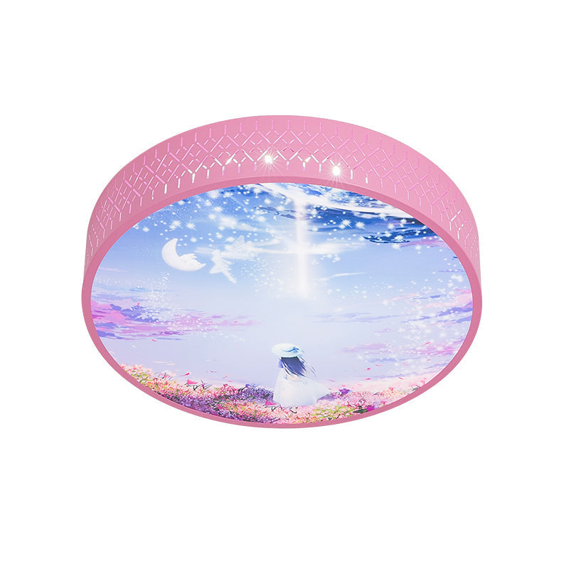 LED Flush-Mount Ceiling Light: Pink Girl Under Starry Sky Design with Acrylic Shade and Laser Cut Sides