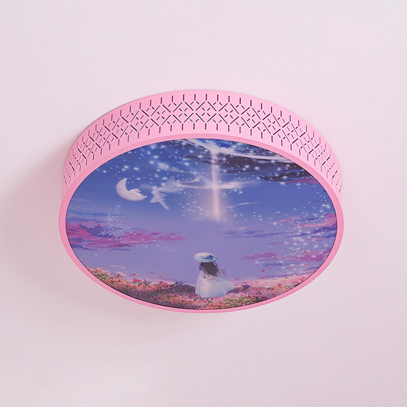 LED Flush-Mount Ceiling Light: Pink Girl Under Starry Sky Design with Acrylic Shade and Laser Cut Sides
