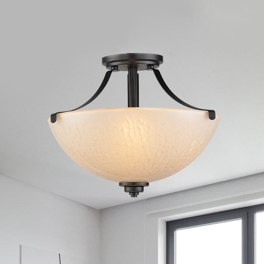 Rustic 2-Head Frosted Glass Ceiling Light for Kitchen - Rural Dome Semi-Flush Mount in Black