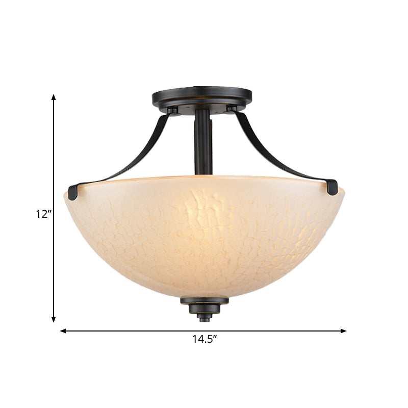 Rustic 2-Head Frosted Glass Ceiling Light For Kitchen - Rural Dome Semi-Flush Mount In Black