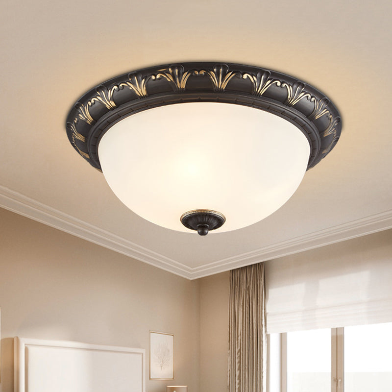 Flush Mount Ceiling Light Fixture with White Glass Dome for Bedroom - 2/3 Heads, Black - 12"/15.5" W