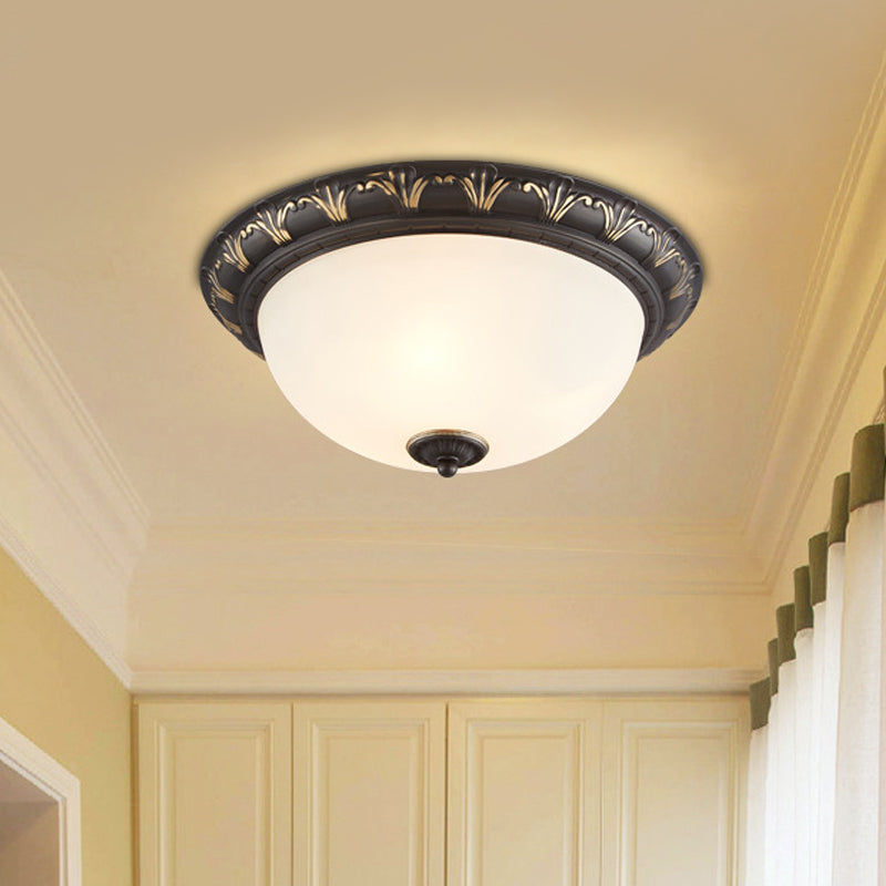 Flush Mount Ceiling Light Fixture with White Glass Dome for Bedroom - 2/3 Heads, Black - 12"/15.5" W