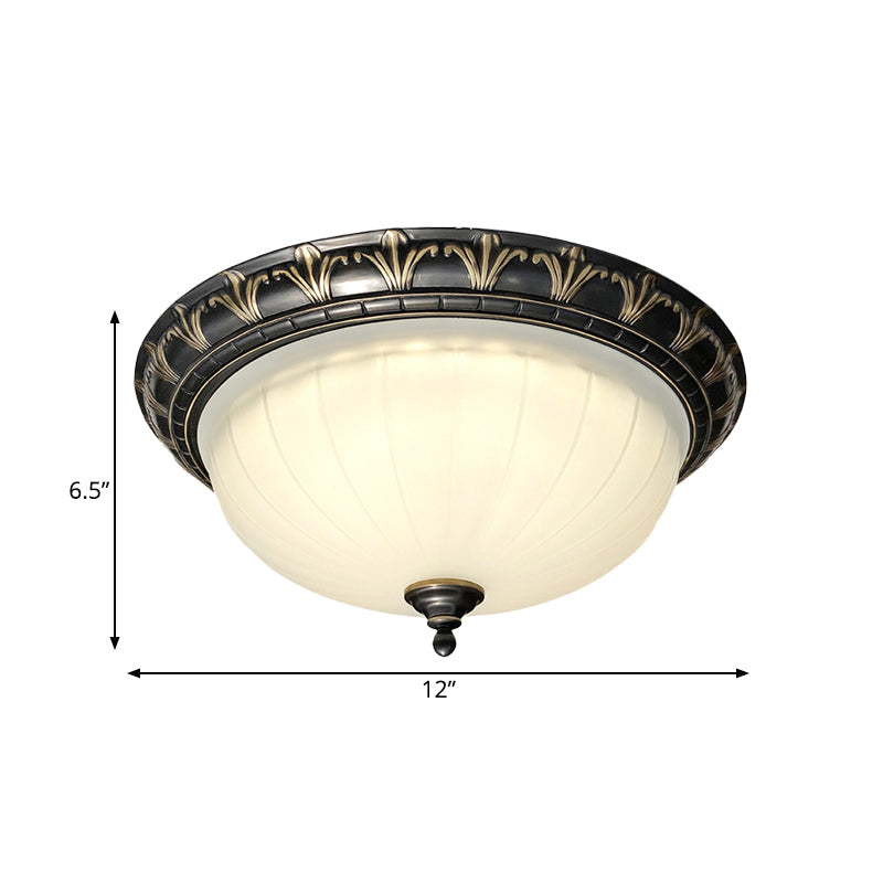 Rustic LED Dome Ceiling Light with White Glass - Black Flush Mount Fixture for Living Room