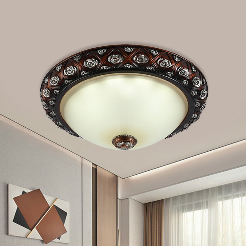 Rustic Bowl White Glass Flush Mount Lamp with Rose Pattern Trim - 2/3-Bulb Flush Light Fixture (12"/15.5" W)