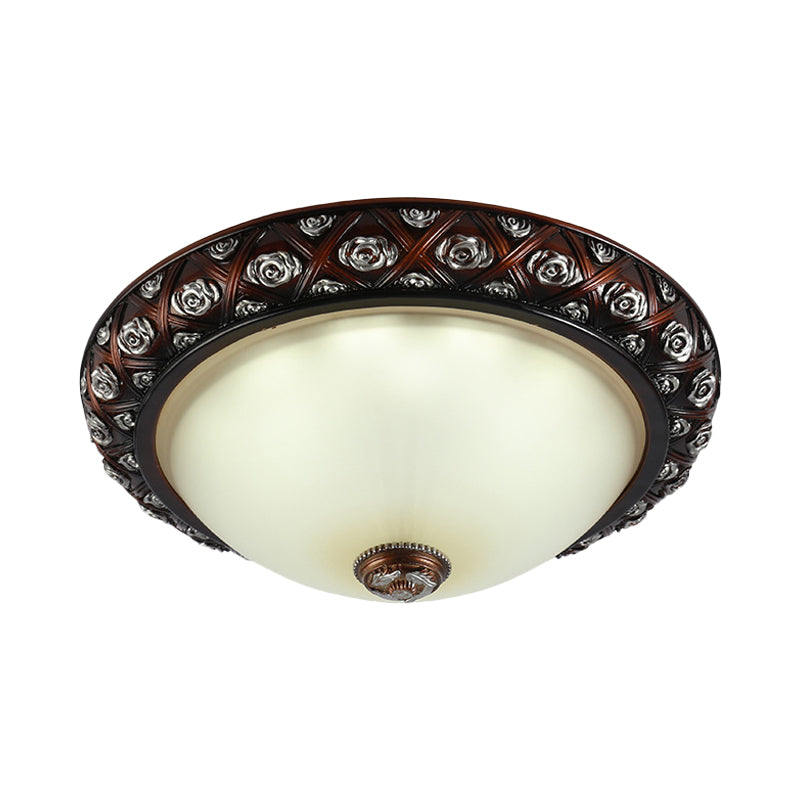 Rustic Bowl White Glass Flush Mount Lamp with Rose Pattern Trim - 2/3-Bulb Flush Light Fixture (12"/15.5" W)