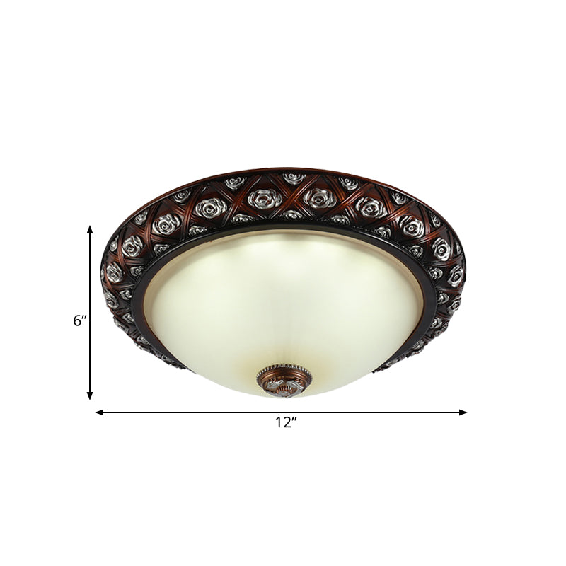 Rustic Bowl White Glass Flush Mount Lamp with Rose Pattern Trim - 2/3-Bulb Flush Light Fixture (12"/15.5" W)