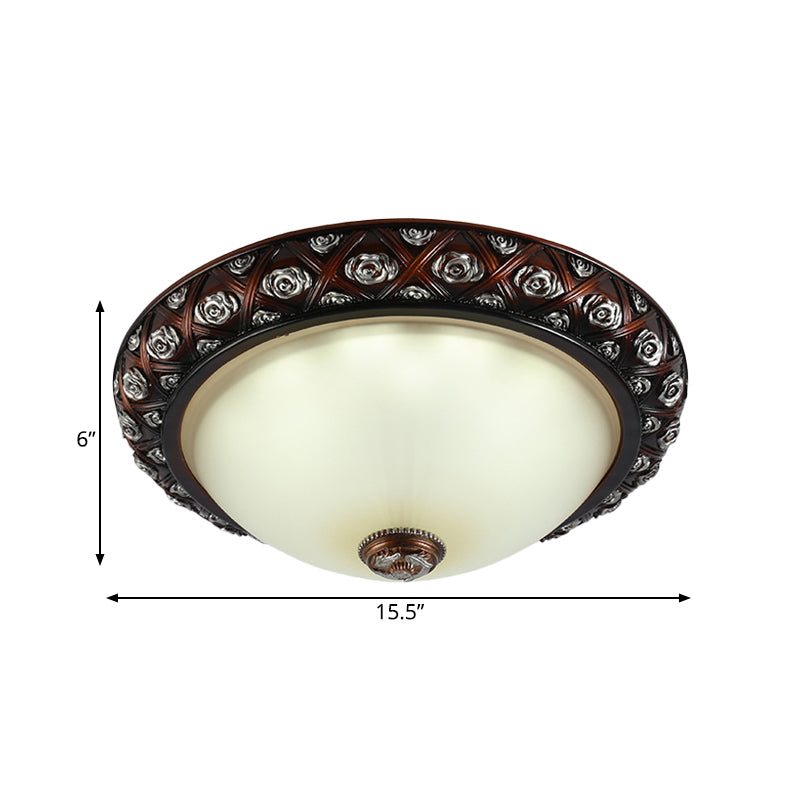 Rustic Bowl White Glass Flush Mount Lamp with Rose Pattern Trim - 2/3-Bulb Flush Light Fixture (12"/15.5" W)