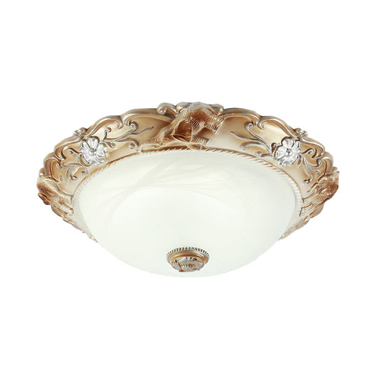 Rustic White Glass Bowl Flush Mount Light With Carved Edge - 2/3 Bulbs 13/17 Wide