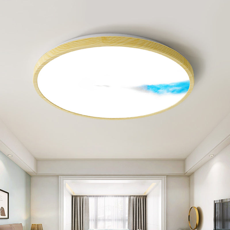 Abstract Mountain and Fisherman Pattern Yellow Circle LED Flush Mount Ceiling Light