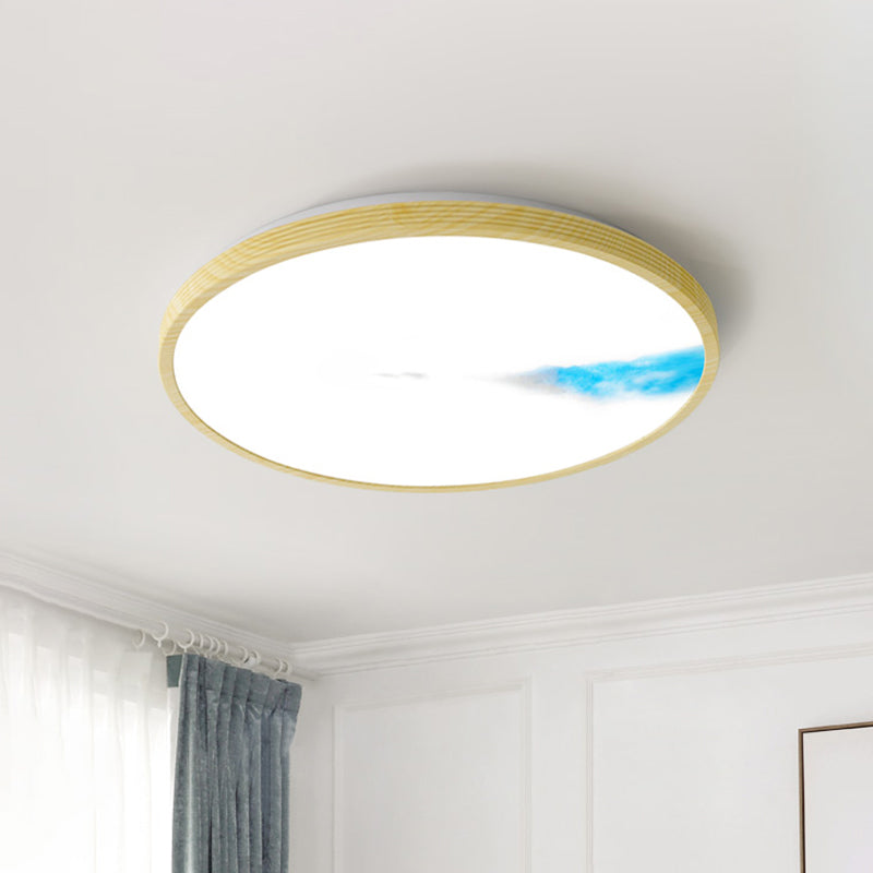 Abstract Mountain and Fisherman Pattern Yellow Circle LED Flush Mount Ceiling Light