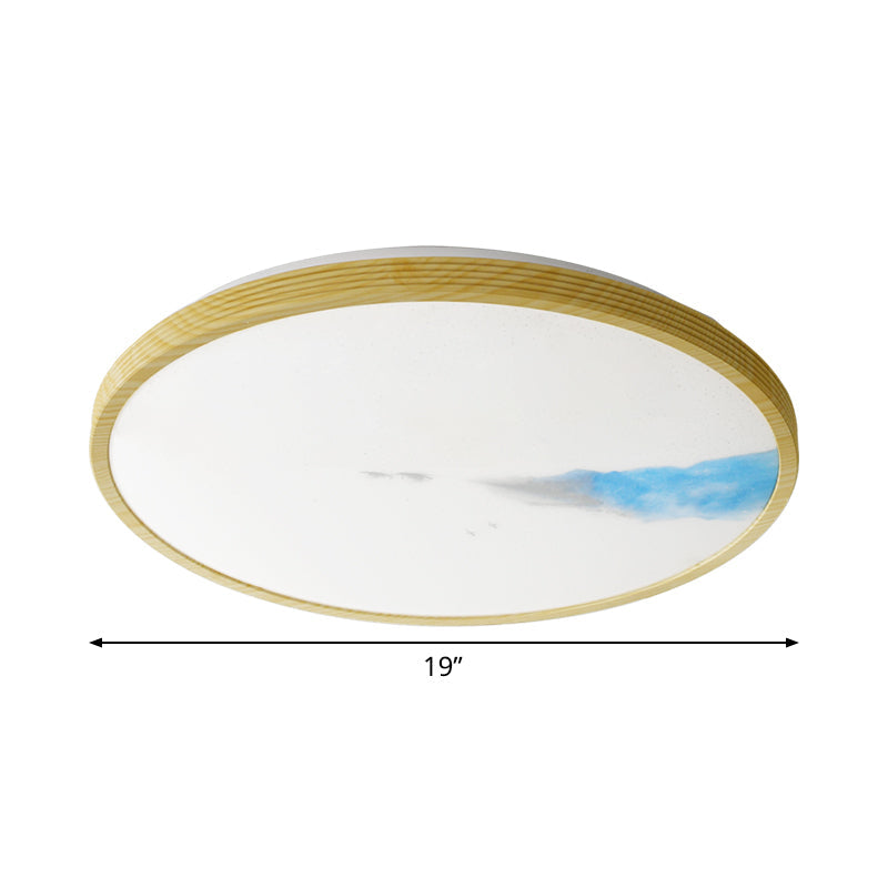 Abstract Mountain and Fisherman Pattern Yellow Circle LED Flush Mount Ceiling Light