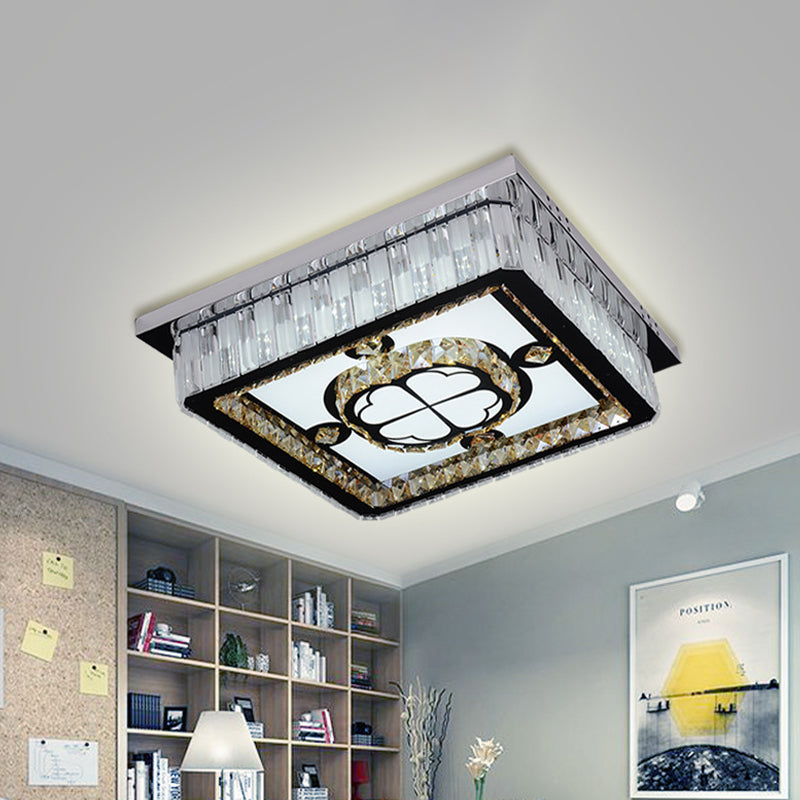 Square LED Crystal Ceiling Mounted Light in Chrome with Clover Pattern - Modern Simplicity Design