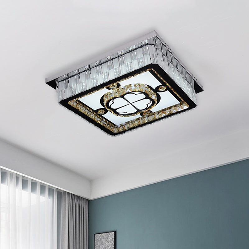 Square LED Crystal Ceiling Mounted Light in Chrome with Clover Pattern - Modern Simplicity Design