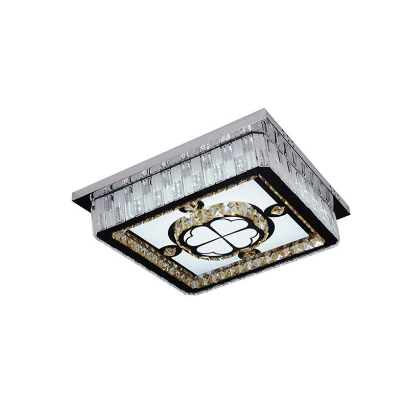 Square LED Crystal Ceiling Mounted Light in Chrome with Clover Pattern - Modern Simplicity Design