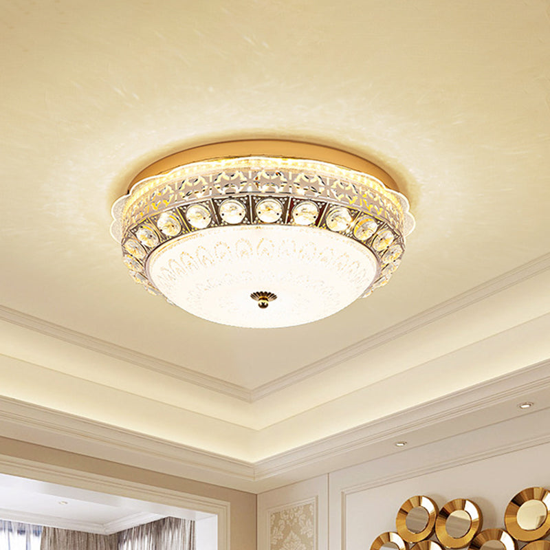 Ivory Glass Gold Ceiling Dome LED Flush Mount with Crystal Accent